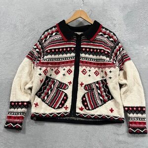 Vintage Christmas Cardigan Yarnworks Tree White Full Zip Holiday L Sweater 90s